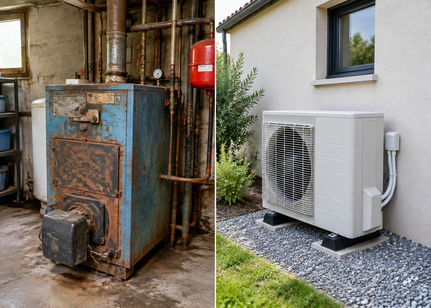 Avant / après d'un chantier Pompe à chaleur air/eau & air/air réalisé par Eco Renov 67 en Alsace