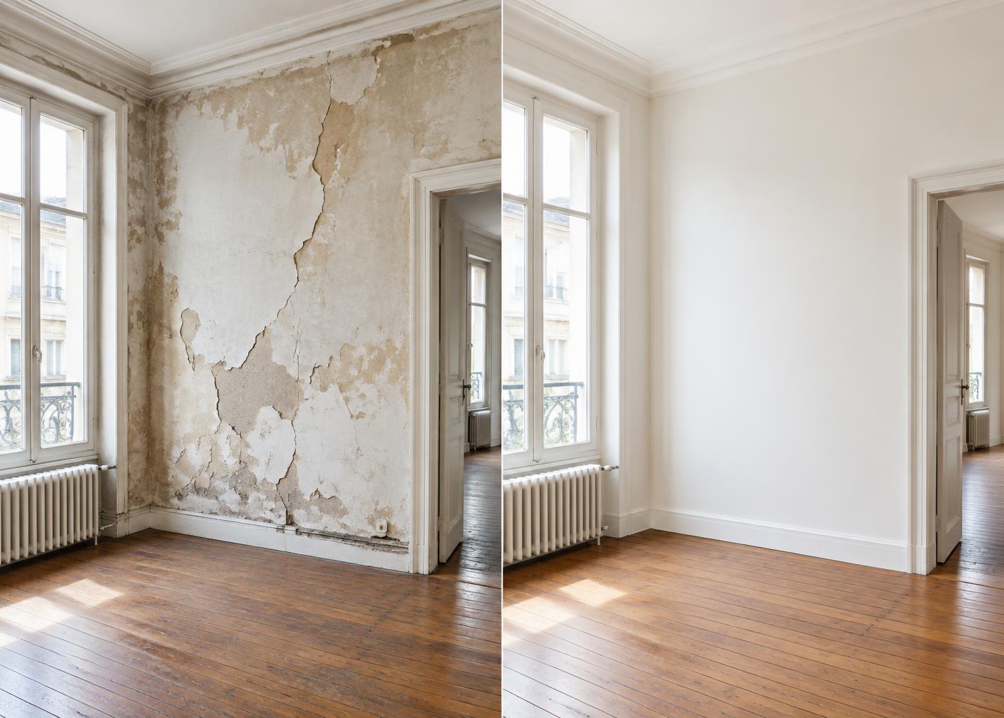 Avant / après d'un chantier Plâtrerie & Peinture réalisé par Eco Renov 67 en Alsace