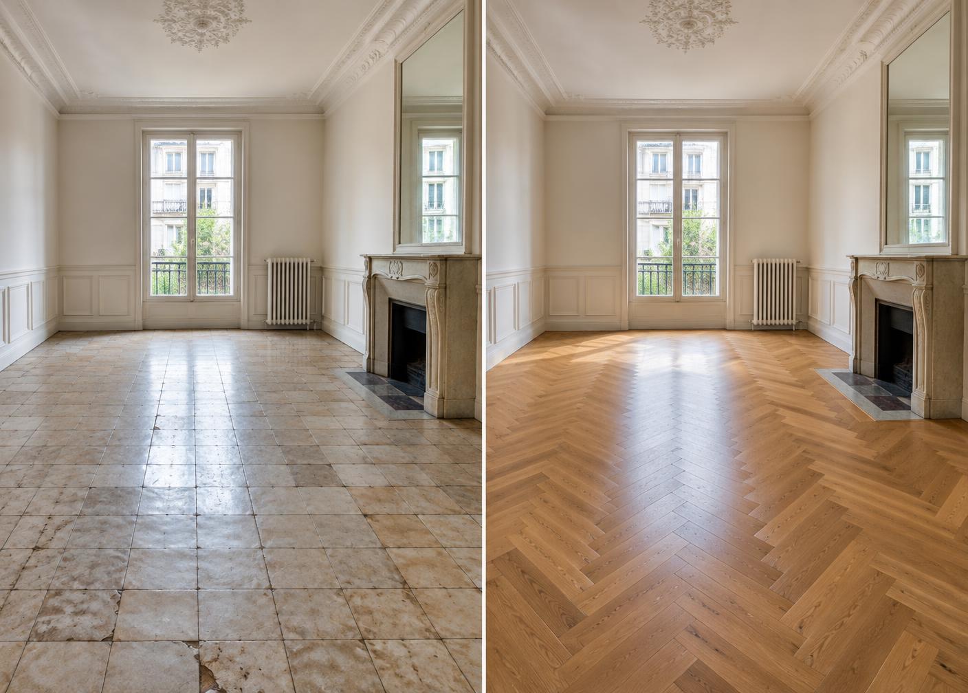 Avant / après d'un chantier Parquet & Carrelage réalisé par Eco Renov 67 en Alsace